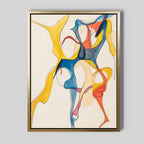 The Dance Of Unity Abstract Canvas Art features flowing, intertwined shapes in yellow, blue, red, and orange on a white background with a thin gold frame—ideal as modern wall decor for your living room.