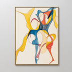 Dance Of Unity Abstract Canvas Art features flowing, intertwined shapes in yellow, blue, red, and orange on a white background. Overlapping forms in a thin gold frame make it a perfect modern canvas print for living room decor.