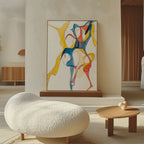 Dance Of Unity Abstract Canvas Art features colorful, swirling lines in yellow, blue, red, and orange on a white canvas—an elegant modern decor piece that adds vibrant style to any living room with neutral furnishings.