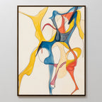 The Dance Of Unity Abstract Canvas Art showcases flowing, interwoven shapes in yellow, blue, red, and beige on a white background with a thin dark border—perfect as a modern canvas print for vibrant living room decor.