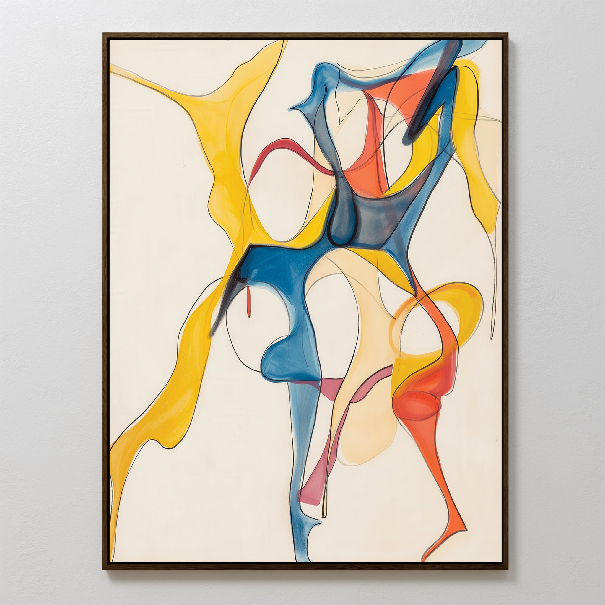 The Dance Of Unity Abstract Canvas Art showcases flowing, interwoven shapes in yellow, blue, red, and beige on a white background with a thin dark border—perfect as a modern canvas print for vibrant living room decor.
