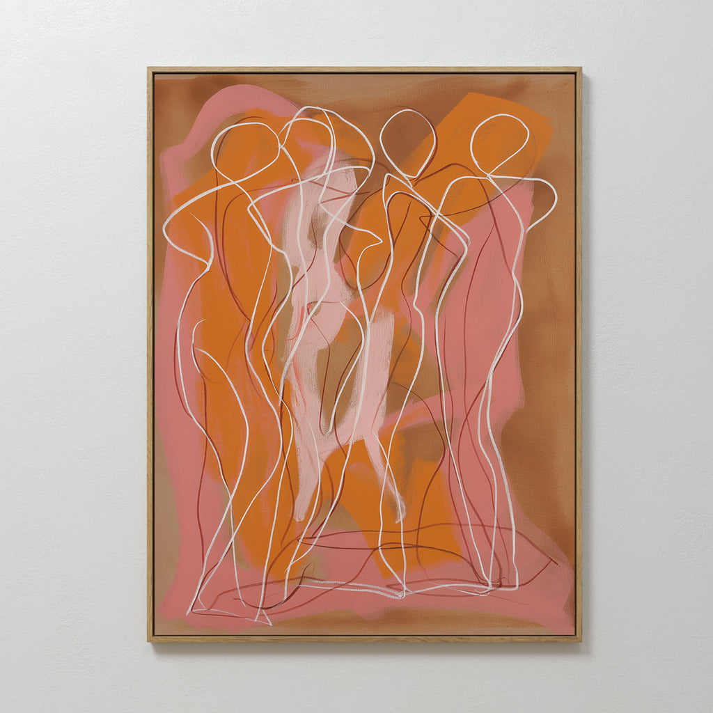 Dancing Silhouettes Abstract Canvas Art features four intertwined figures outlined in white, with pink, orange, and brown tones creating a warm vibe—ideal as modern wall art for stylish living room décor.