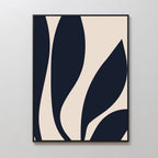 The Dark Blue Leaves Abstract Canvas Art showcases minimalist navy leaf shapes on a light beige background, framed in thin black and displayed on a white wall—perfect for adding modern elegance to your space.