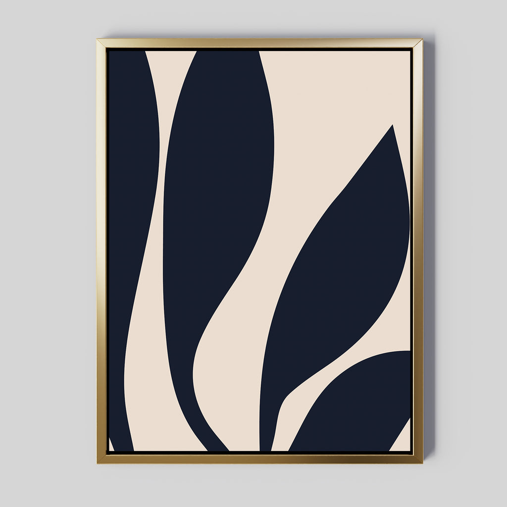 The Dark Blue Leaves Abstract Canvas Art features minimalist navy leaf shapes on a beige background, framed in thin gold. Its smooth lines and clean design bring modern elegance, making it ideal for any contemporary space.