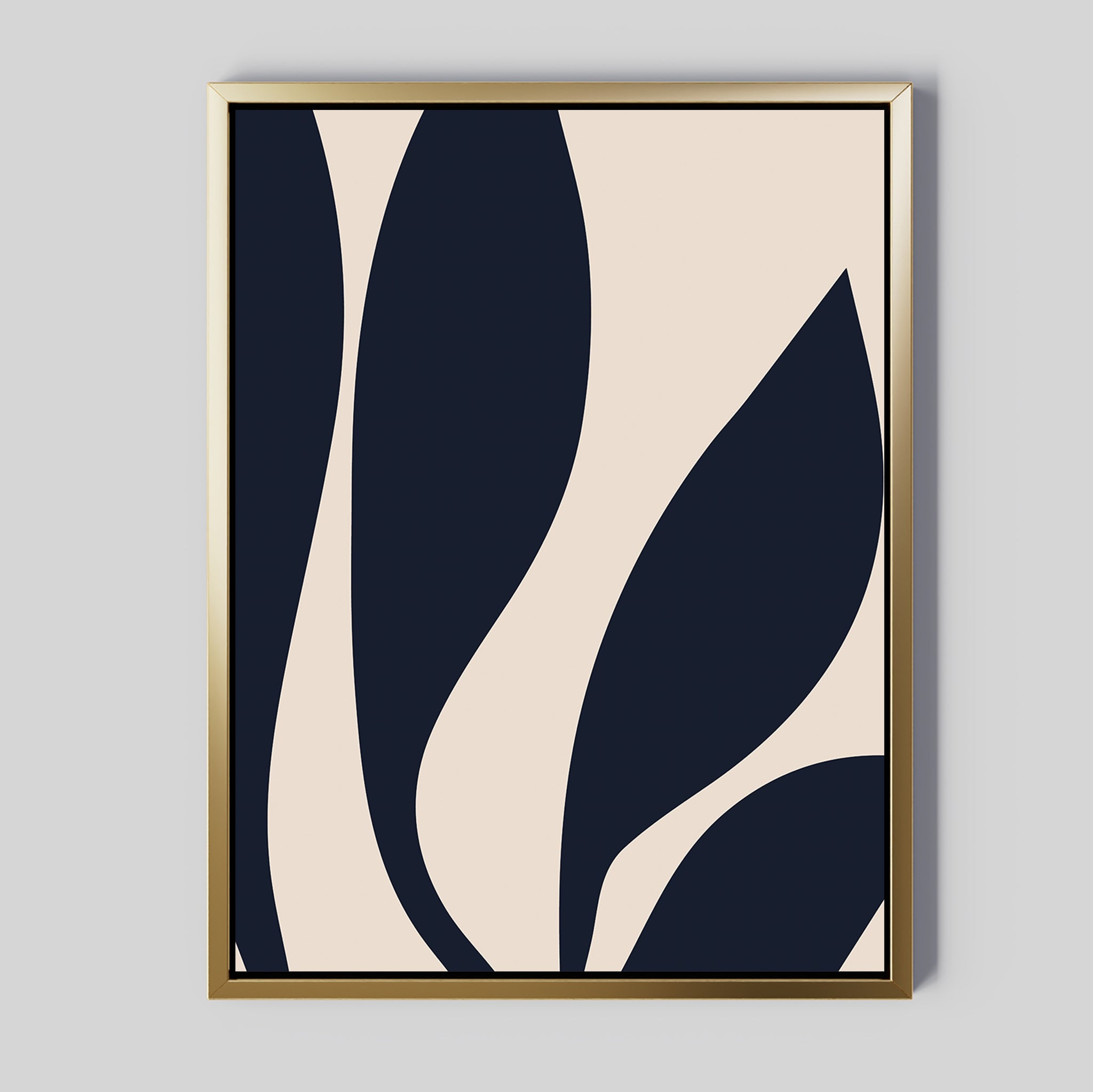The Dark Blue Leaves Abstract Canvas Art features minimalist navy leaf shapes on a beige background, framed in thin gold. Its smooth lines and clean design bring modern elegance, making it ideal for any contemporary space.