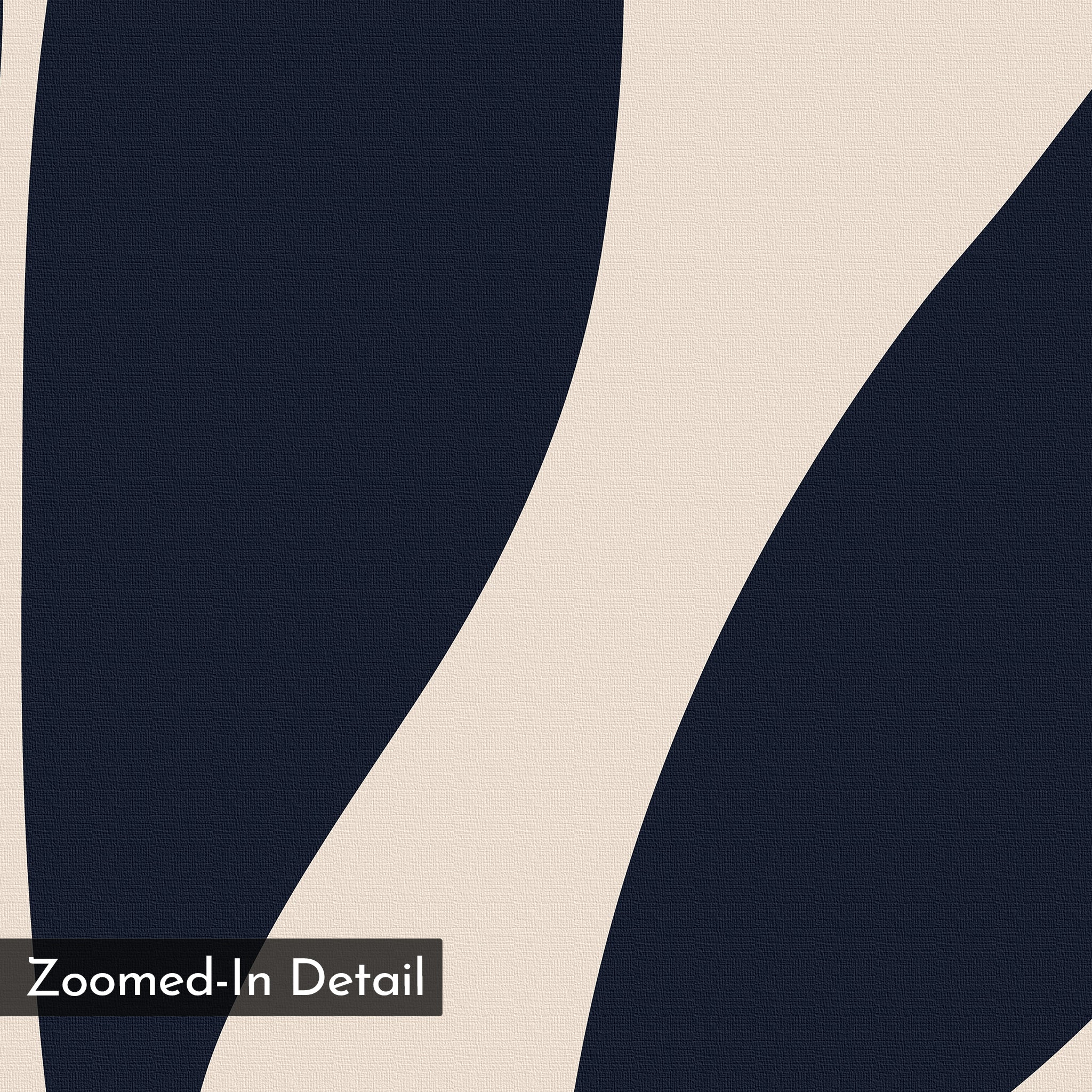Zoomed-in abstract view of curved navy blue and beige shapes from the Dark Blue Leaves Abstract Canvas Art, ideal for modern wall decor. A black label in the bottom left corner features white text: Zoomed-In Detail.