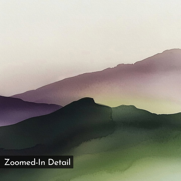 Dawn's Highland Canvas Art showcases layered, misty mountain silhouettes in green, purple, and brown on a pale sky—perfect for calming wall décor. "Zoomed-In Detail" appears in a black box at the bottom left.