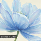A soft, watercolor-style painting of a blue flower with overlapping petals and green stem in close-up detail. "Zoomed-In Detail" appears in the corner. Daybreak Flower Canvas Art is ideal for modern wall art and living room decor.