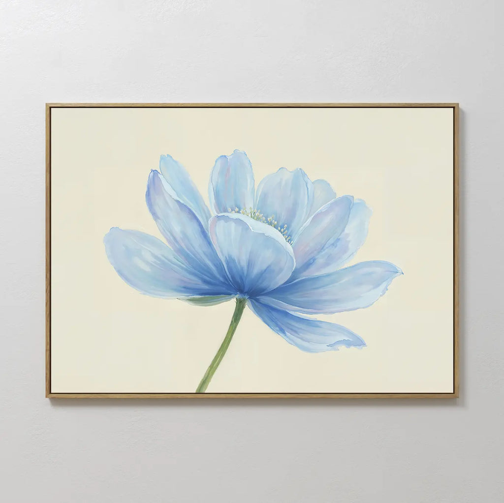 The Daybreak Flower Canvas Art features a minimalist blue flower with soft petals and green stem on a cream background, perfect as modern wall art to enhance your bedroom decor.