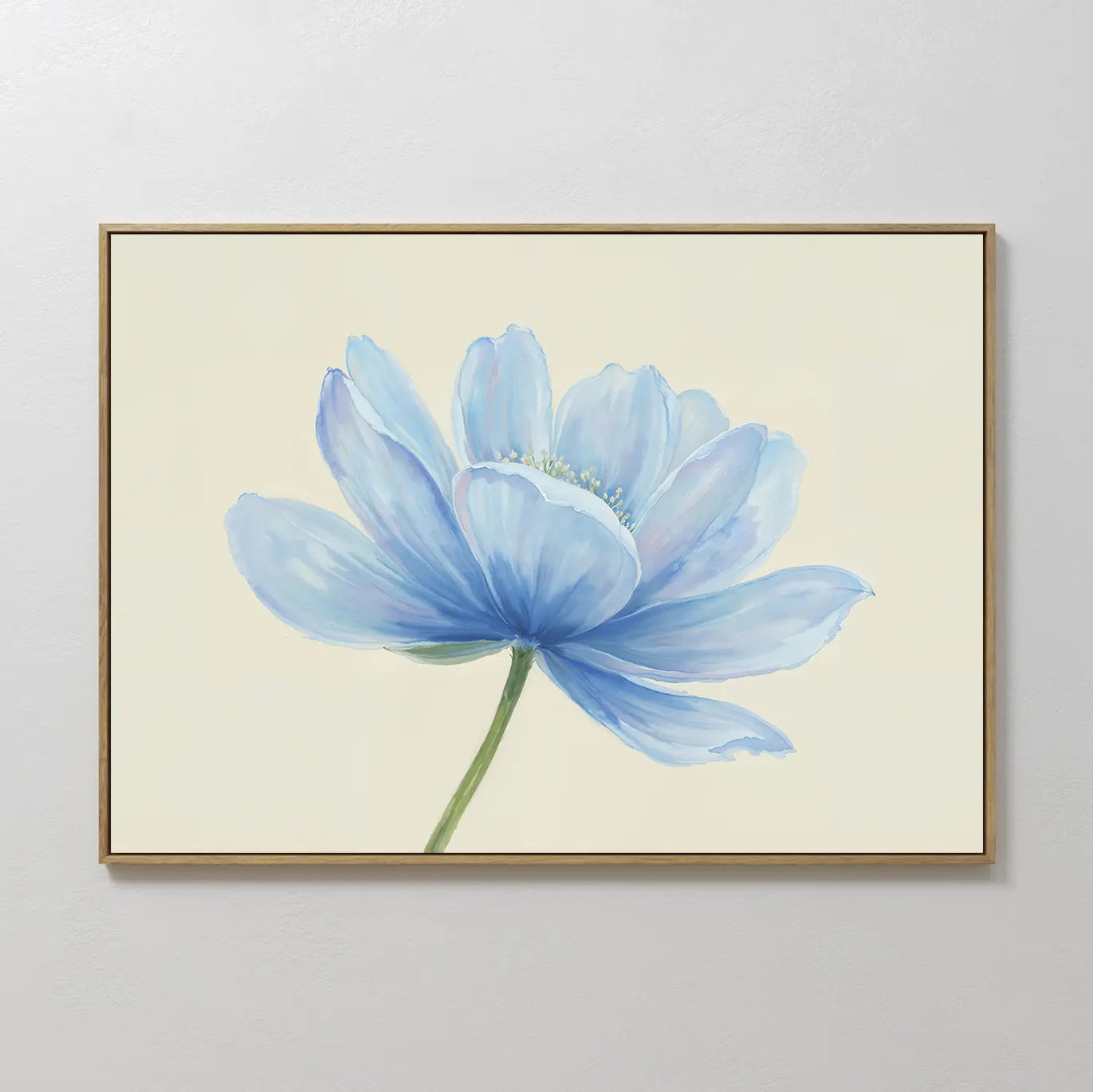 The Daybreak Flower Canvas Art features a minimalist blue flower with soft petals and green stem on a cream background, perfect as modern wall art to enhance your bedroom decor.