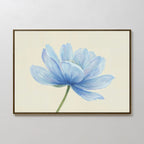 Daybreak Flower Canvas Art: A framed minimalist print featuring a single blue flower with delicate petals and a green stem on a light background—ideal for modern wall art or stylish bedroom decor.