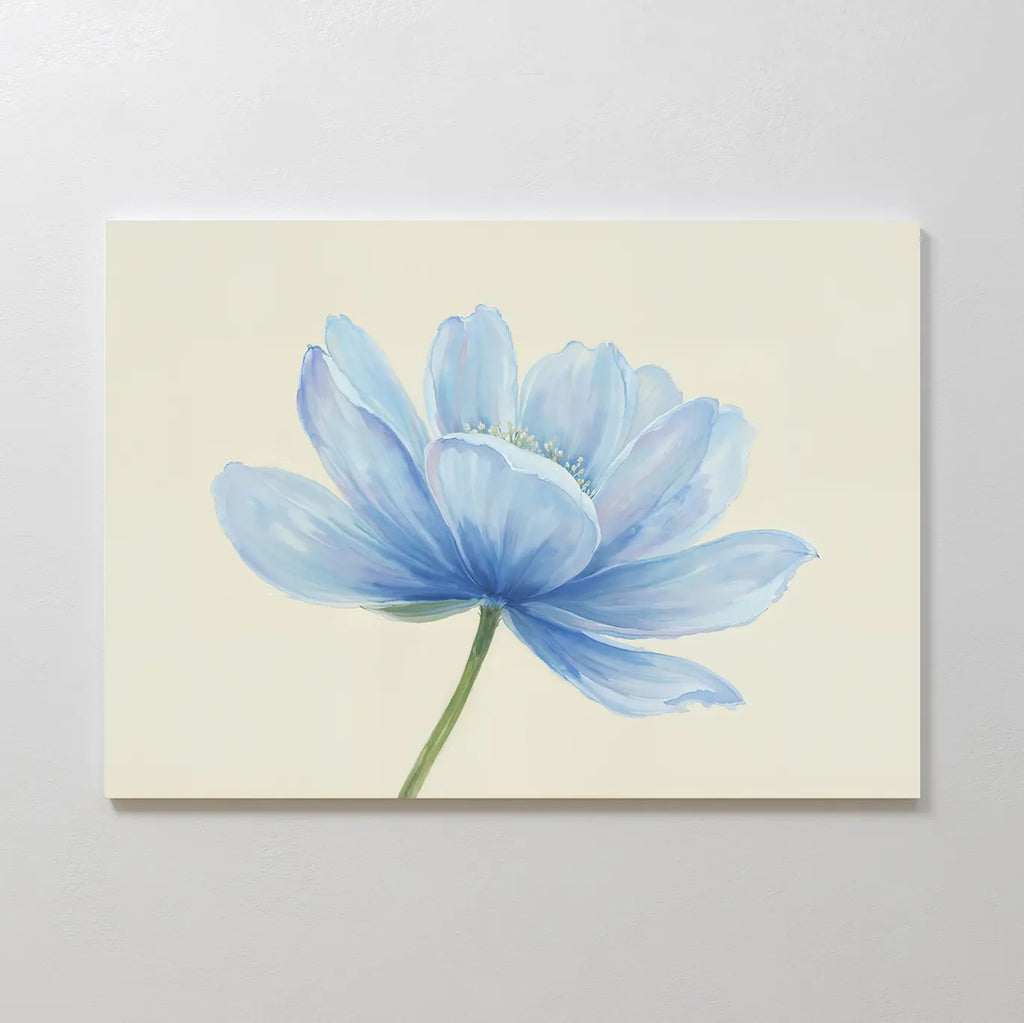 Daybreak Flower Canvas Art features a single blue flower with delicate petals and a green stem on a light cream background in a soft watercolor style—ideal minimalist wall art for modern or tranquil bedroom decor.