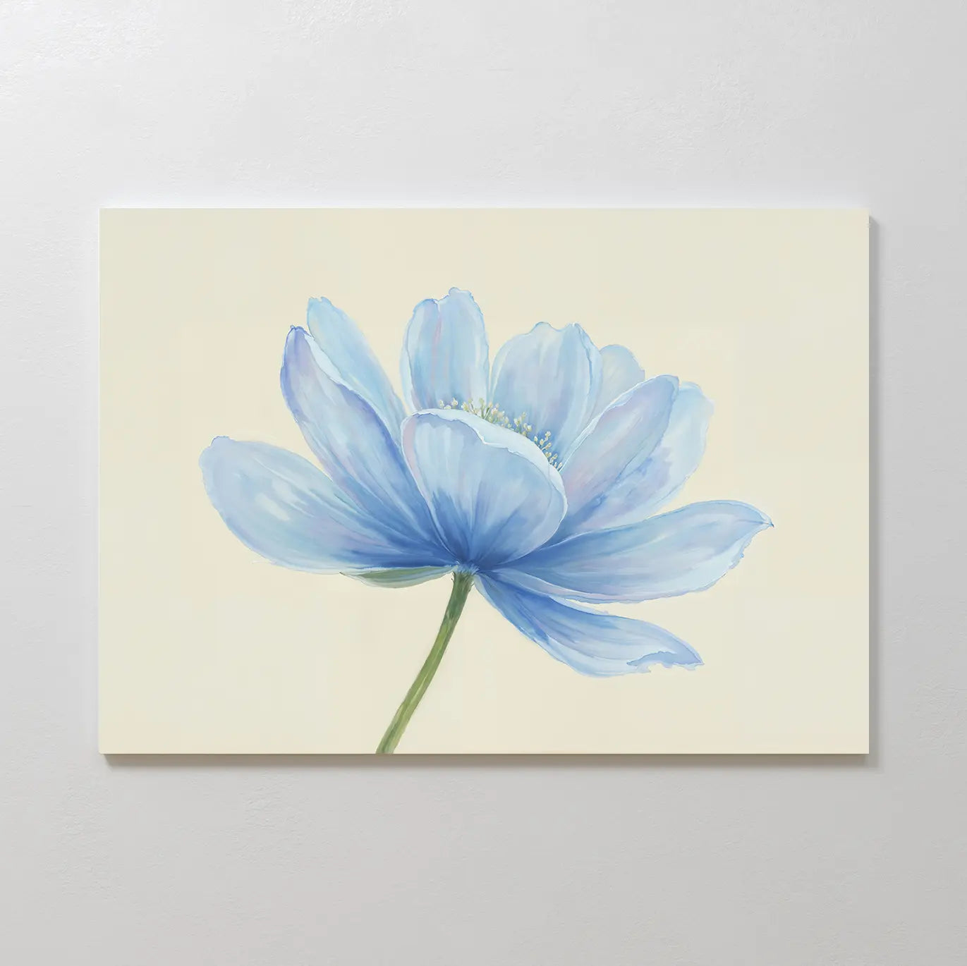 Daybreak Flower Canvas Art features a single blue flower with delicate petals and a green stem on a light cream background in a soft watercolor style—ideal minimalist wall art for modern or tranquil bedroom decor.