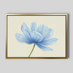 The Daybreak Flower Canvas Art features a minimalist blue flower with a green stem on a light beige background. Its gold frame with a black inner edge adds elegance, making it ideal modern wall art for bedroom decor.