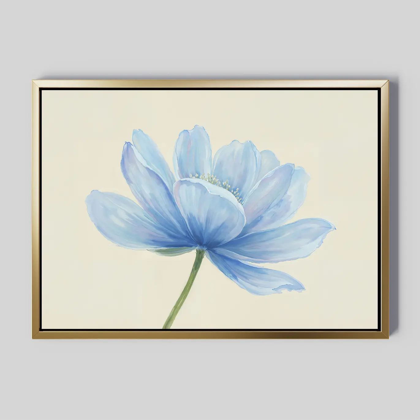 The Daybreak Flower Canvas Art features a minimalist blue flower with a green stem on a light beige background. Its gold frame with a black inner edge adds elegance, making it ideal modern wall art for bedroom decor.
