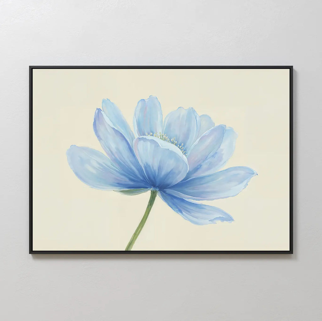 The Daybreak Flower Canvas Art is a framed minimalist print featuring a single light blue flower with delicate petals on a beige background—ideal for modern wall art or bedroom decor.