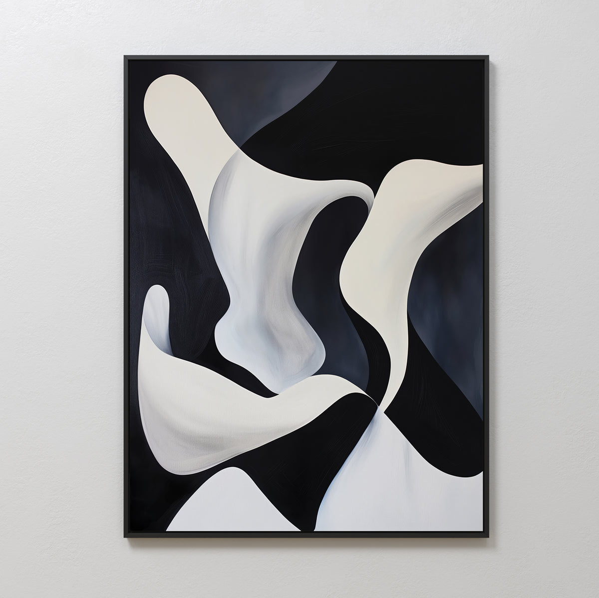 Deep Blue Calm Abstract Canvas Art features fluid, curved shapes in black and white, creating movement and contrast on a neutral background. This framed minimalist wall art is ideal for enhancing your living room decor.
