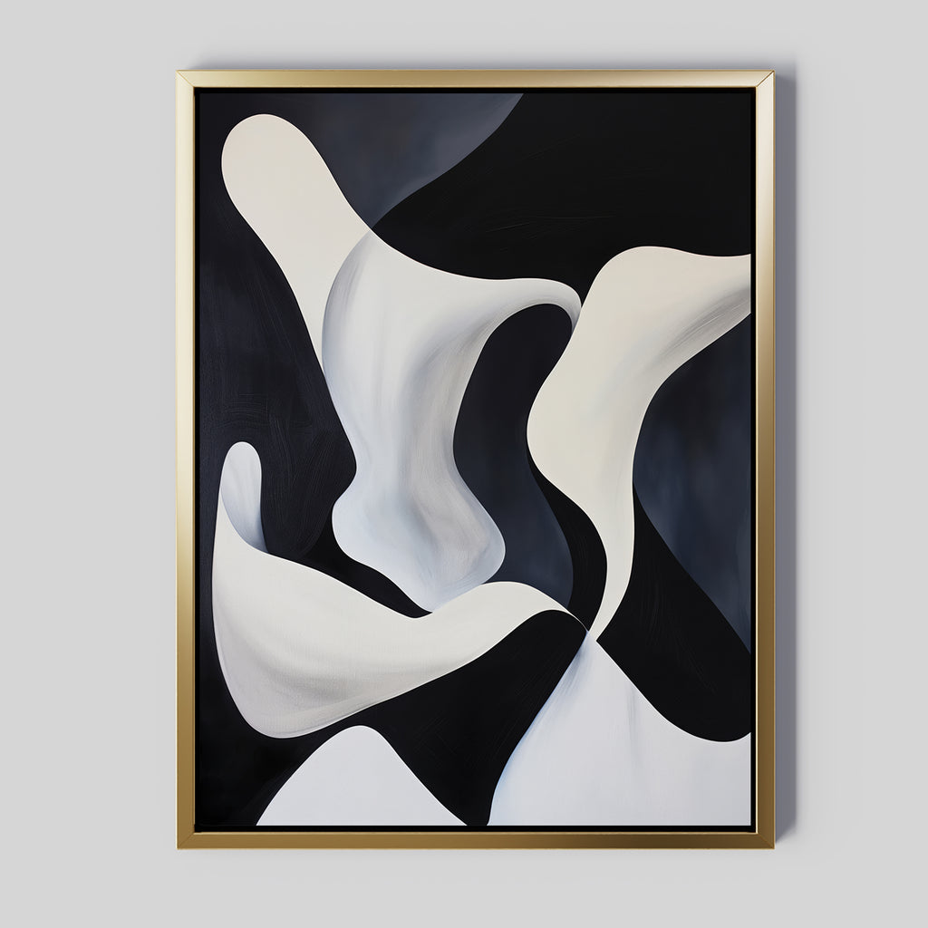 Deep Blue Calm Abstract Canvas Art in a gold frame features flowing black, white, and gray shapes with smooth curves and gradients—ideal minimalist wall art to add modern movement to your living room decor.