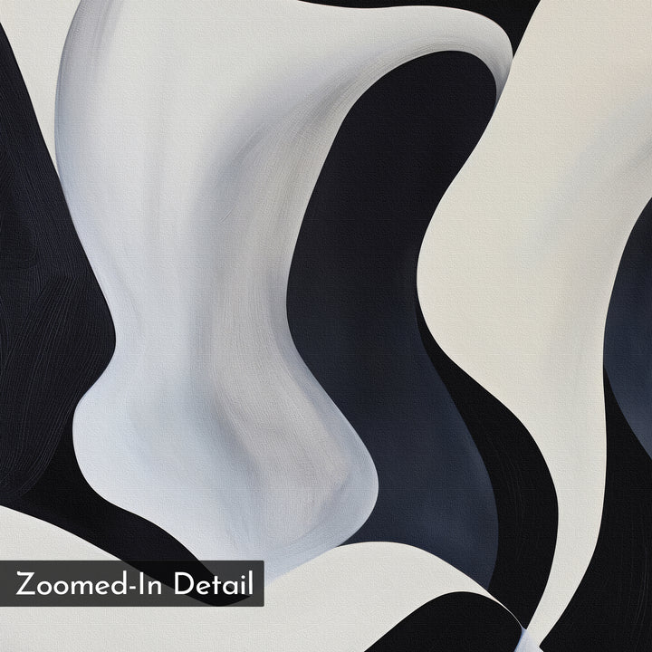 Abstract close-up of deep blue, black, white, and gray curved shapes flowing together for a serene, modern look in the Deep Blue Calm Abstract Canvas Art. "Zoomed-In Detail" is shown in a box at the bottom left corner.