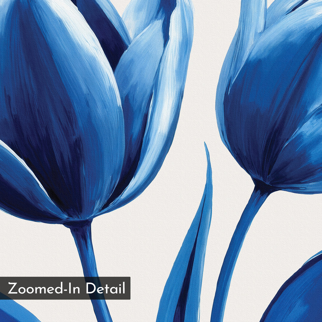 Deep Blue Petals Canvas Art features a close-up of two blue tulips and leaves on a light background, with “Zoomed-In Detail” in the corner—ideal as contemporary wall decor or vibrant floral art for your space.