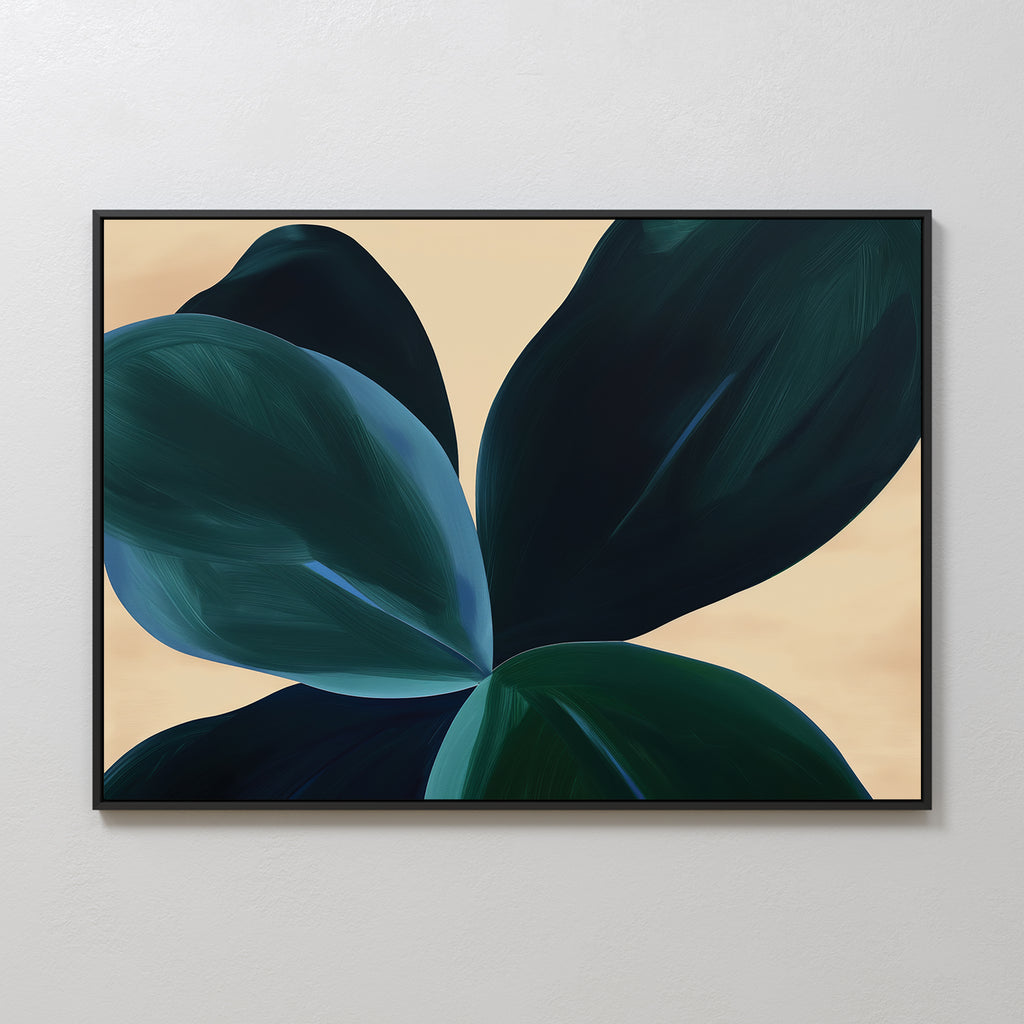 Deep Navy Abstract Canvas Art features large overlapping dark green and blue leaves on a beige background, ideal as minimalist wall decor for your living room and beautifully displayed on a light-colored wall.