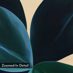 Close-up of Deep Navy Abstract Canvas Art featuring painted leaves in deep green and blue on a light beige background, ideal minimalist wall art for living room decor. "Zoomed-In Detail" appears at the bottom left.