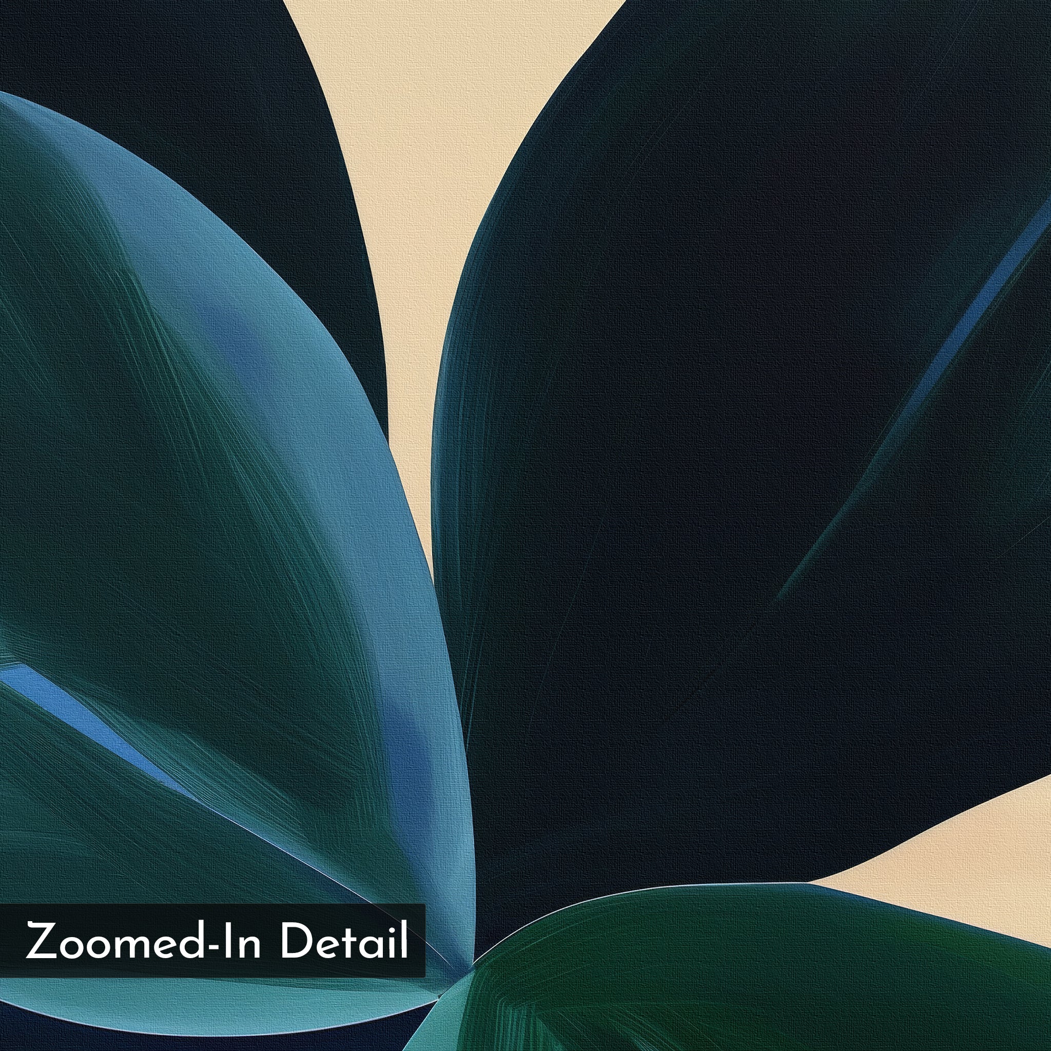 Close-up of Deep Navy Abstract Canvas Art featuring painted leaves in deep green and blue on a light beige background, ideal minimalist wall art for living room decor. "Zoomed-In Detail" appears at the bottom left.