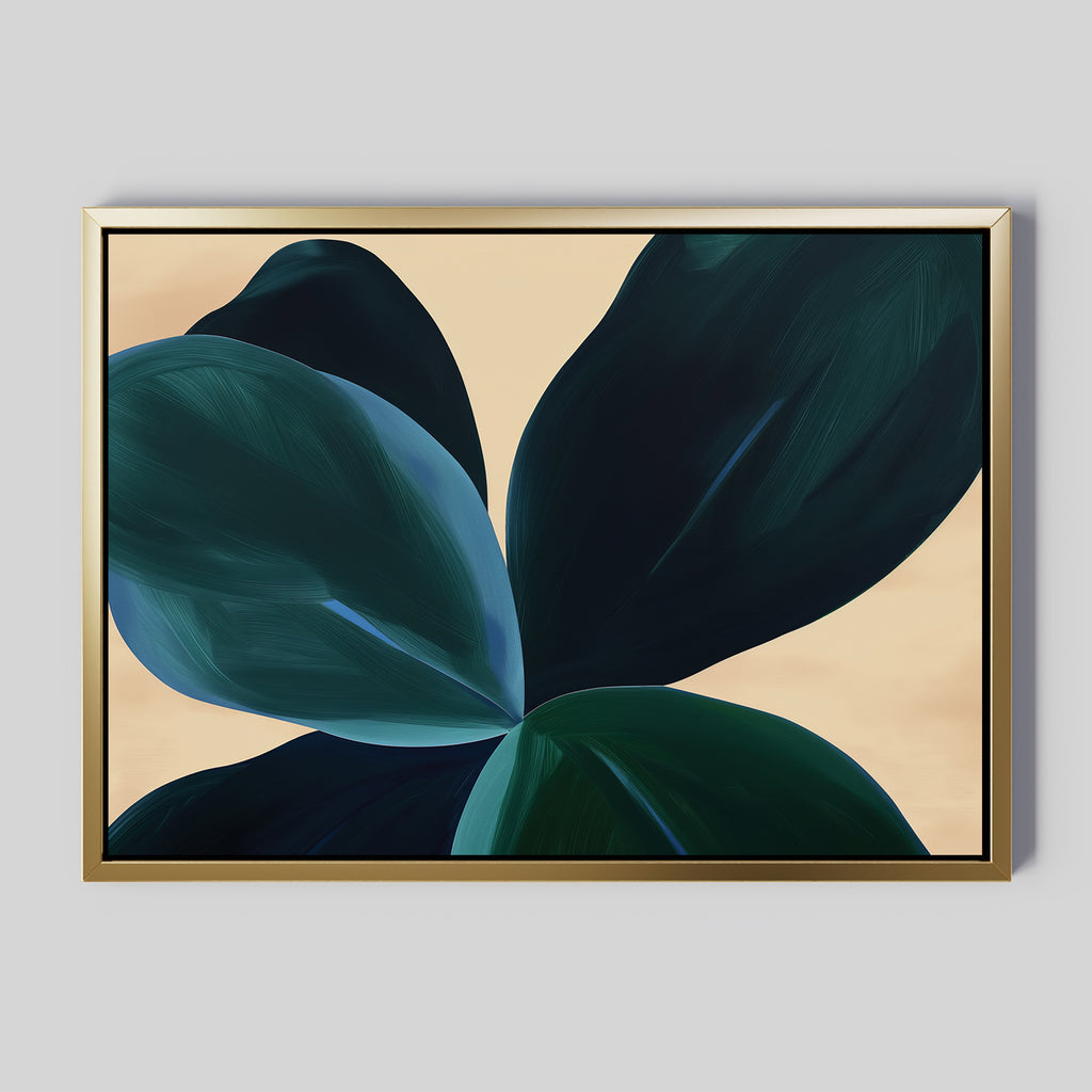 The Deep Navy Abstract Canvas Art features large, abstract dark green and blue leaves on a beige background with a slim gold frame, adding a modern, minimalist touch perfect for updating your living room decor.