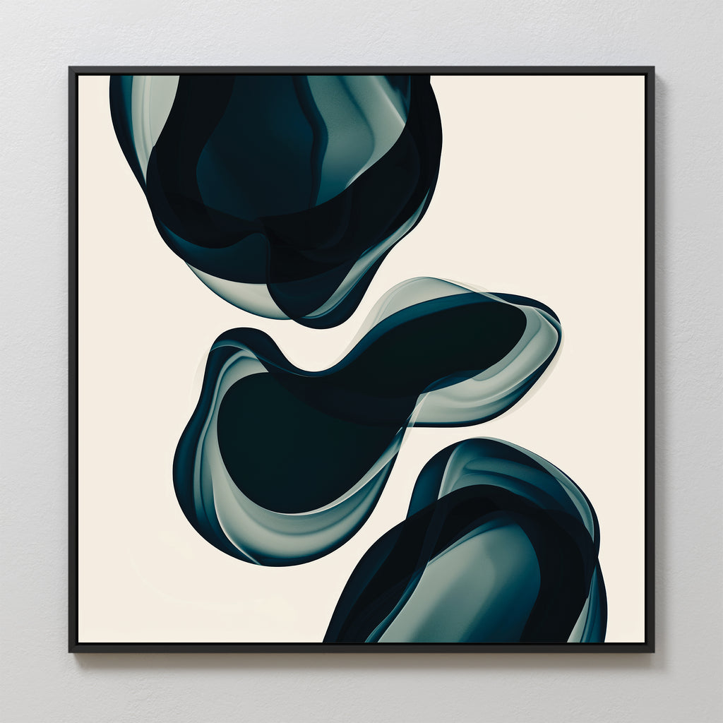 Deep Sea Hues Abstract Canvas Art features wavy dark teal and blue shapes on a light beige background in a thin black frame—ideal minimalist wall art to enhance your living room decor.