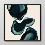 Deep Sea Hues Abstract Canvas Art features wavy dark teal and blue shapes on a light beige background in a thin black frame—ideal minimalist wall art to enhance your living room decor.