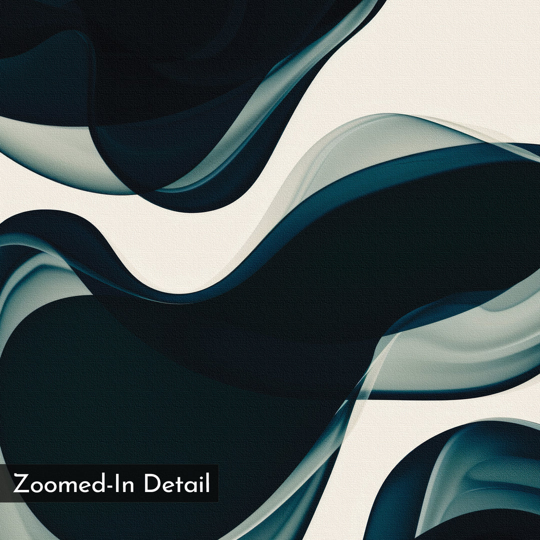 Deep Sea Hues Abstract Canvas Art showcases flowing, semi-transparent dark blue and black waves on a light background, evoking ocean depth. Perfect minimalist wall art for your living room. Features “Zoomed-In Detail” text in the bottom left corner.