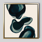 Deep Sea Hues Abstract Canvas Art features dark, flowing layered shapes on a light background, framed in sleek gold. This minimalist piece adds elegant movement and depth—perfect for modern living room decor.