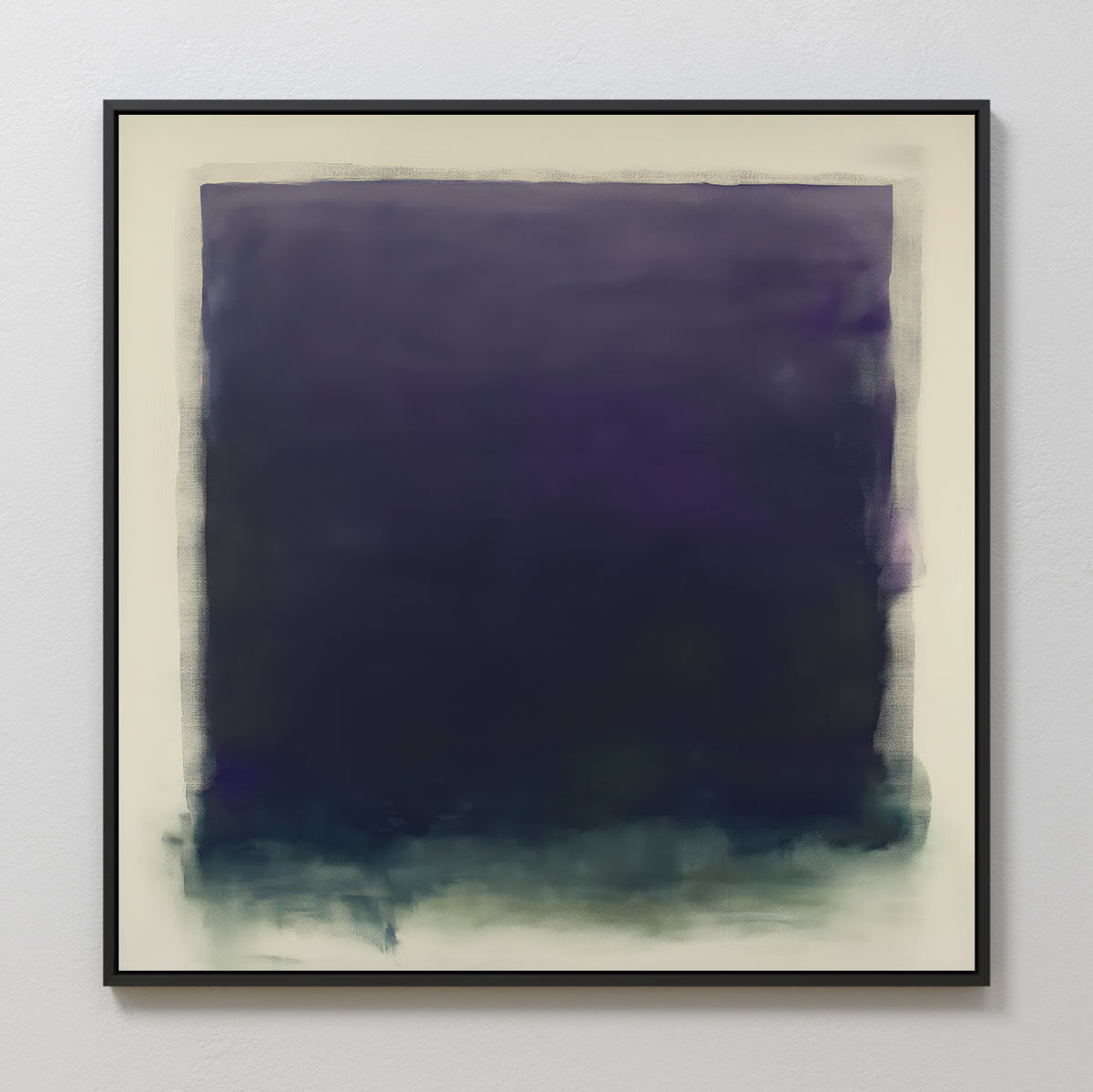 The Deepest Night Canvas Art features a large, dark indigo and deep blue square with blurred edges on an off-white background, perfect for minimalist decor as the colors softly blend and fade along the bottom and sides.