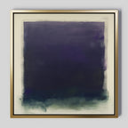 Deepest Night Canvas Art: A gold-framed abstract piece showcasing a dark purple square with blurred edges, fading into blue and green on an off-white background—ideal for minimalist decor.