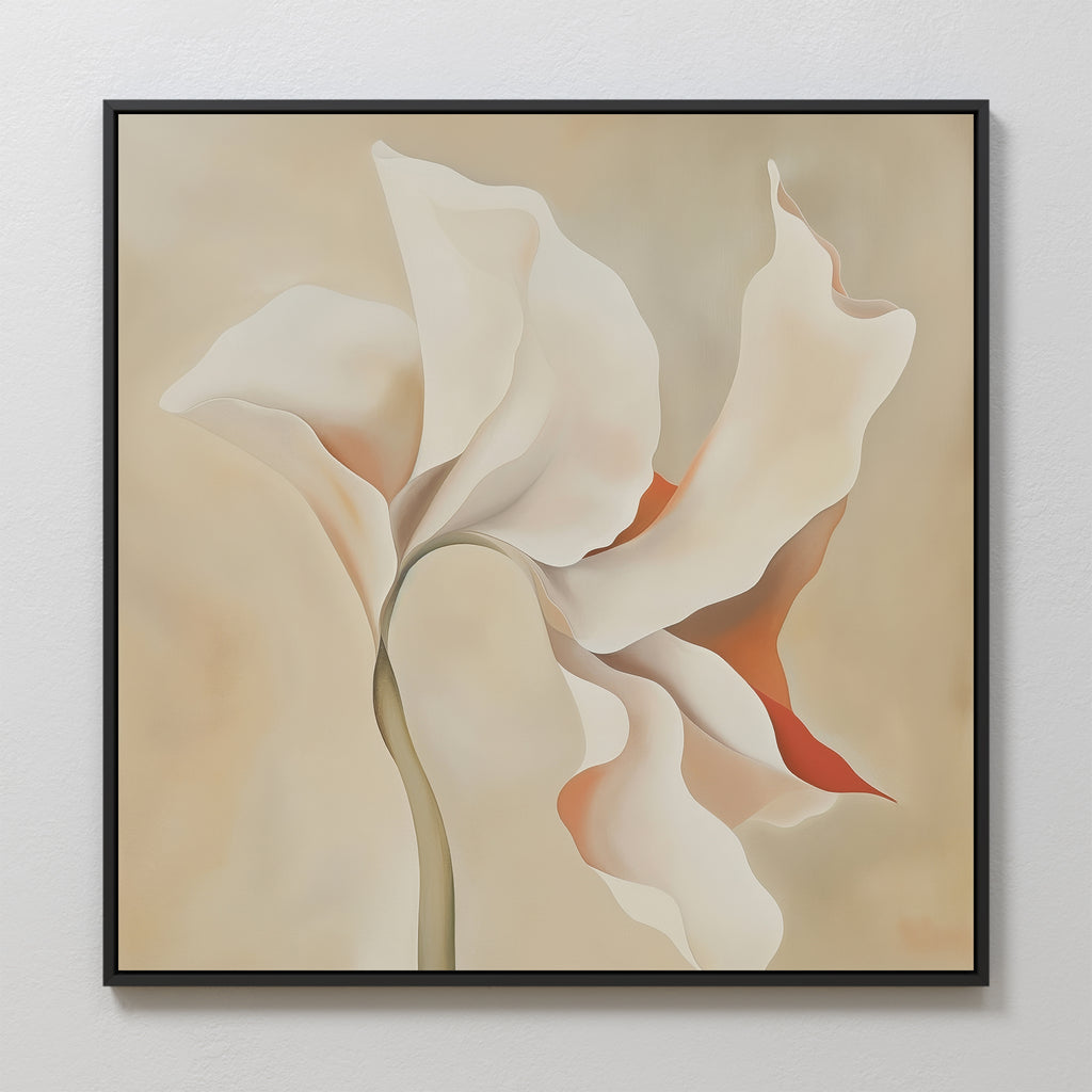 Delicate Bloom Abstract Canvas Art features soft white petals with beige and orange accents on a light background, framed in black—ideal minimalist wall decor for a modern living room.
