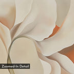 Delicate Bloom Abstract Canvas Art features soft, layered shapes in cream, beige, tan, and gentle orange. Perfect minimalist wall art, it adds organic elegance to any living room. A "Zoomed-In Detail" label appears in the corner.