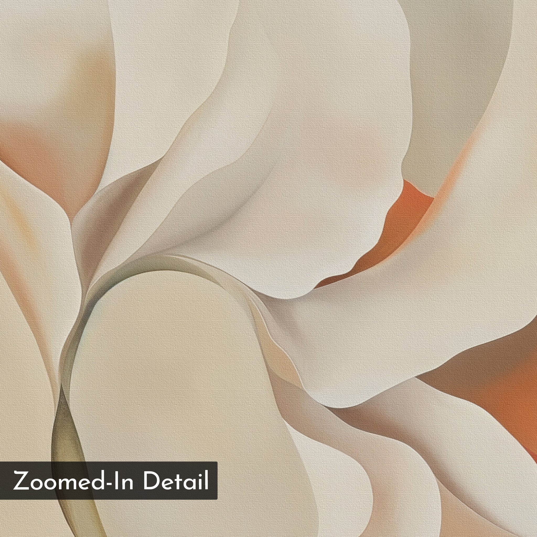 Delicate Bloom Abstract Canvas Art features soft, layered shapes in cream, beige, tan, and gentle orange. Perfect minimalist wall art, it adds organic elegance to any living room. A "Zoomed-In Detail" label appears in the corner.