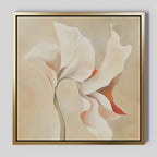 Delicate Bloom Abstract Canvas Art features a framed painting of a white flower with soft petals in beige and light orange tones on a neutral background—ideal minimalist wall art for bedroom or living room decor.