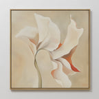 Delicate Bloom Abstract Canvas Art features a minimalist single flower with cream, beige, and soft orange petals on a light background in a thin wooden frame—perfect modern wall art to elevate any living room decor.