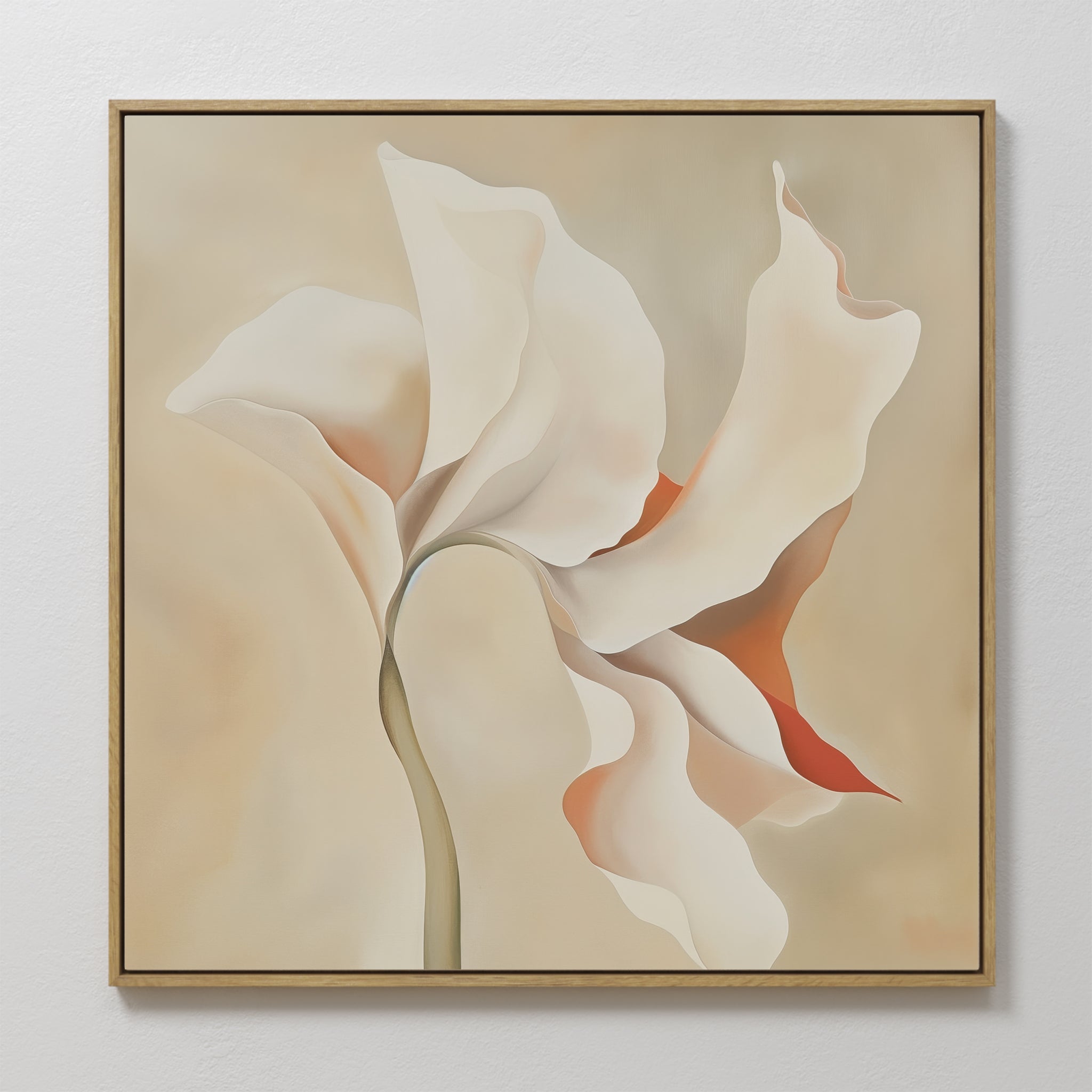 Delicate Bloom Abstract Canvas Art features a minimalist single flower with cream, beige, and soft orange petals on a light background in a thin wooden frame—perfect modern wall art to elevate any living room decor.