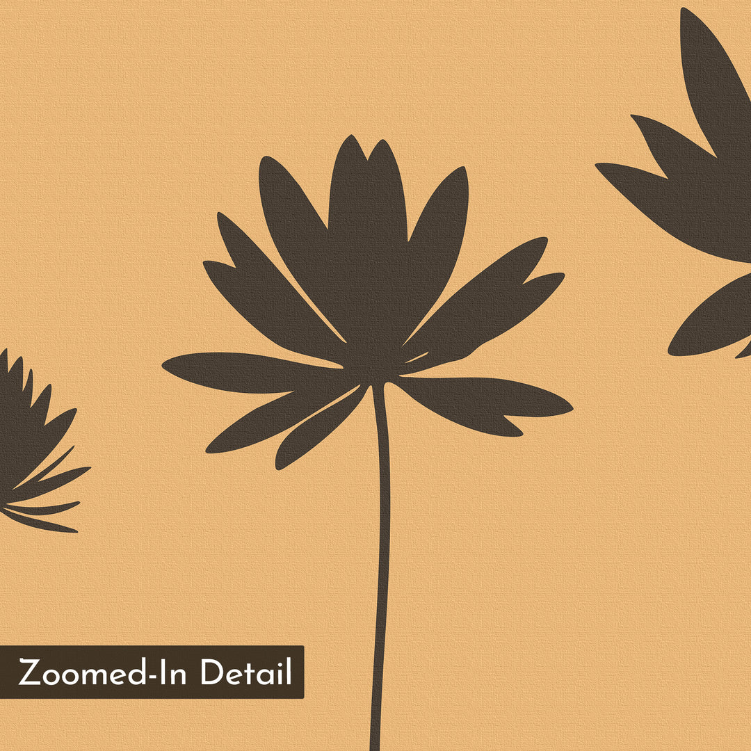 Desert Botanicals Canvas Art: A minimalist print of dark silhouetted flowers with long petals on a textured light orange background. "Zoomed-In Detail" appears in the bottom left corner.