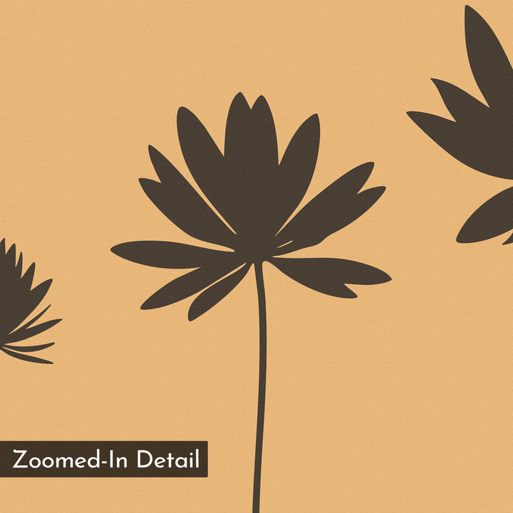 Desert Botanicals Canvas Art: A minimalist print of dark silhouetted flowers with long petals on a textured light orange background. "Zoomed-In Detail" appears in the bottom left corner.