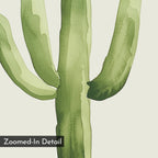 Desert Cactus Canvas Art showcases a close-up watercolor of a segmented green cactus on a light background. With its textured style and minimalist appeal, this wall art includes a "Zoomed-In Detail" label in the bottom left corner.