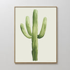 Desert Cactus Canvas Art features a framed watercolor print with three main arms on a light background, displayed on a white wall—ideal minimalist decor to add botanical wall art charm to any room.