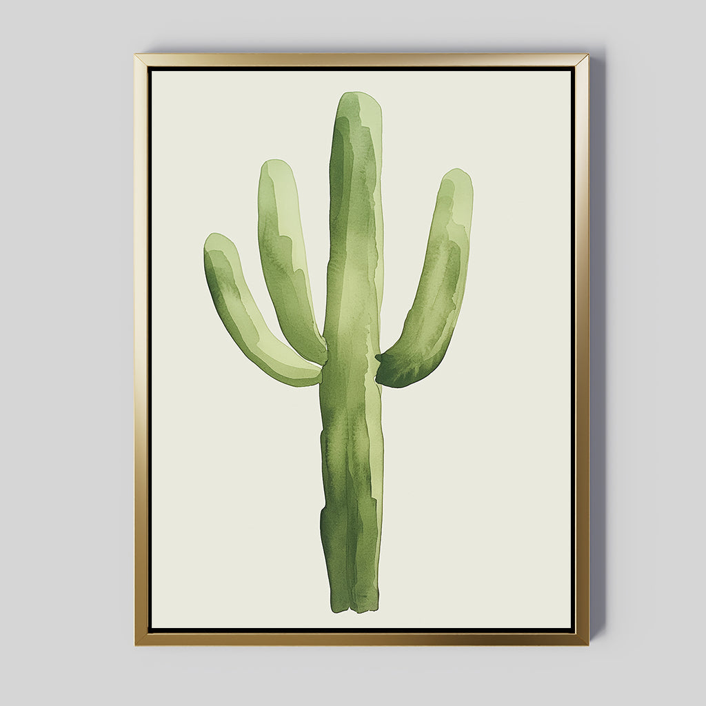 Desert Cactus Canvas Art: A minimalist botanical wall piece showcasing a watercolor cactus with three arms, set against a light background in a slim gold frame—ideal for enhancing modern, minimalist spaces.