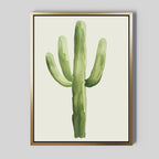 Desert Cactus Canvas Art: A minimalist botanical wall piece showcasing a watercolor cactus with three arms, set against a light background in a slim gold frame—ideal for enhancing modern, minimalist spaces.