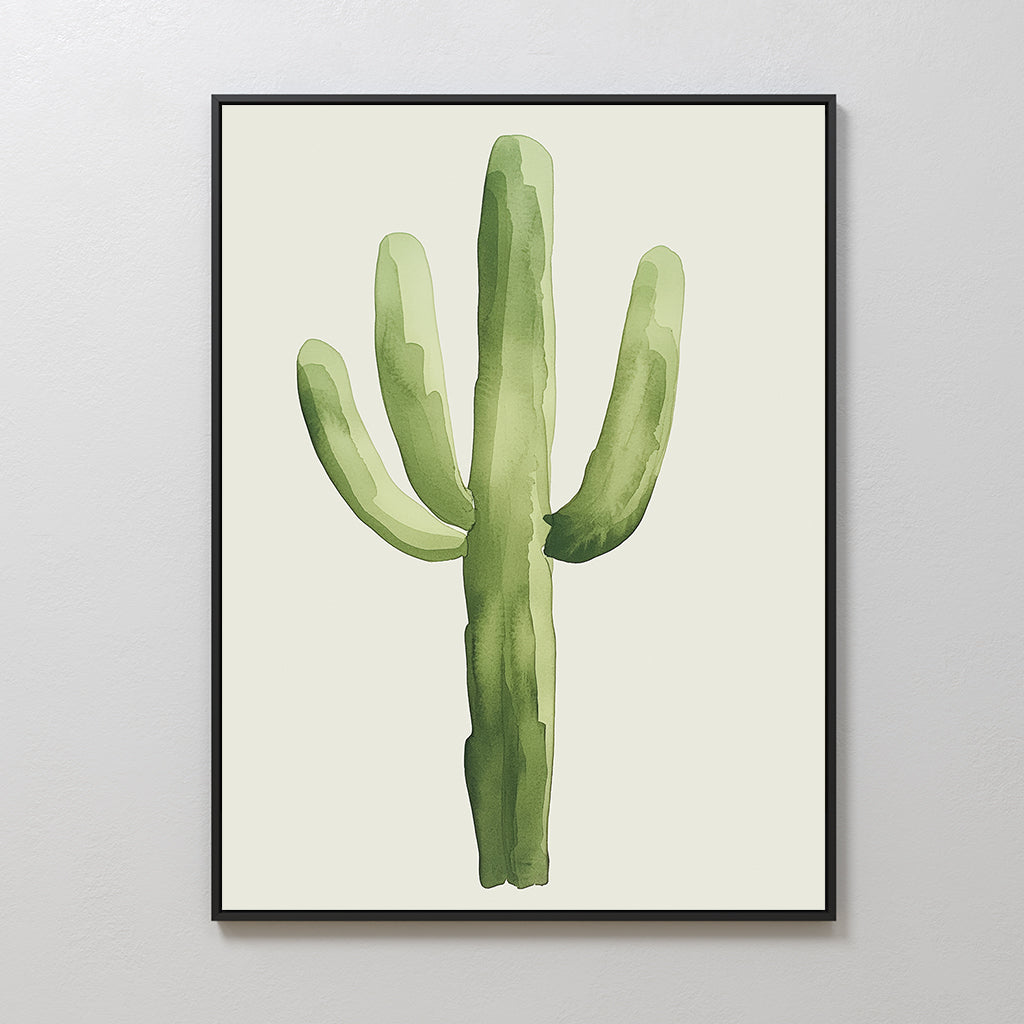 Desert Cactus Canvas Art features a minimalist watercolor cactus with three arms on a light background, displayed in a simple black frame—ideal botanical wall art for any minimalist decor.