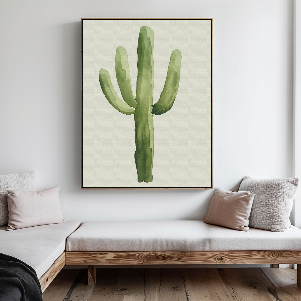 A minimalist living room with light wood furniture and neutral cushions features the Desert Cactus Canvas Art as striking botanical wall decor above the seating area on a white wall.