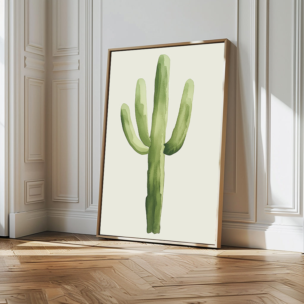 The Desert Cactus Canvas Art rests against a white wall in a bright, elegant room with wooden floors and decorative molding—an ideal choice for lovers of minimalist decor.