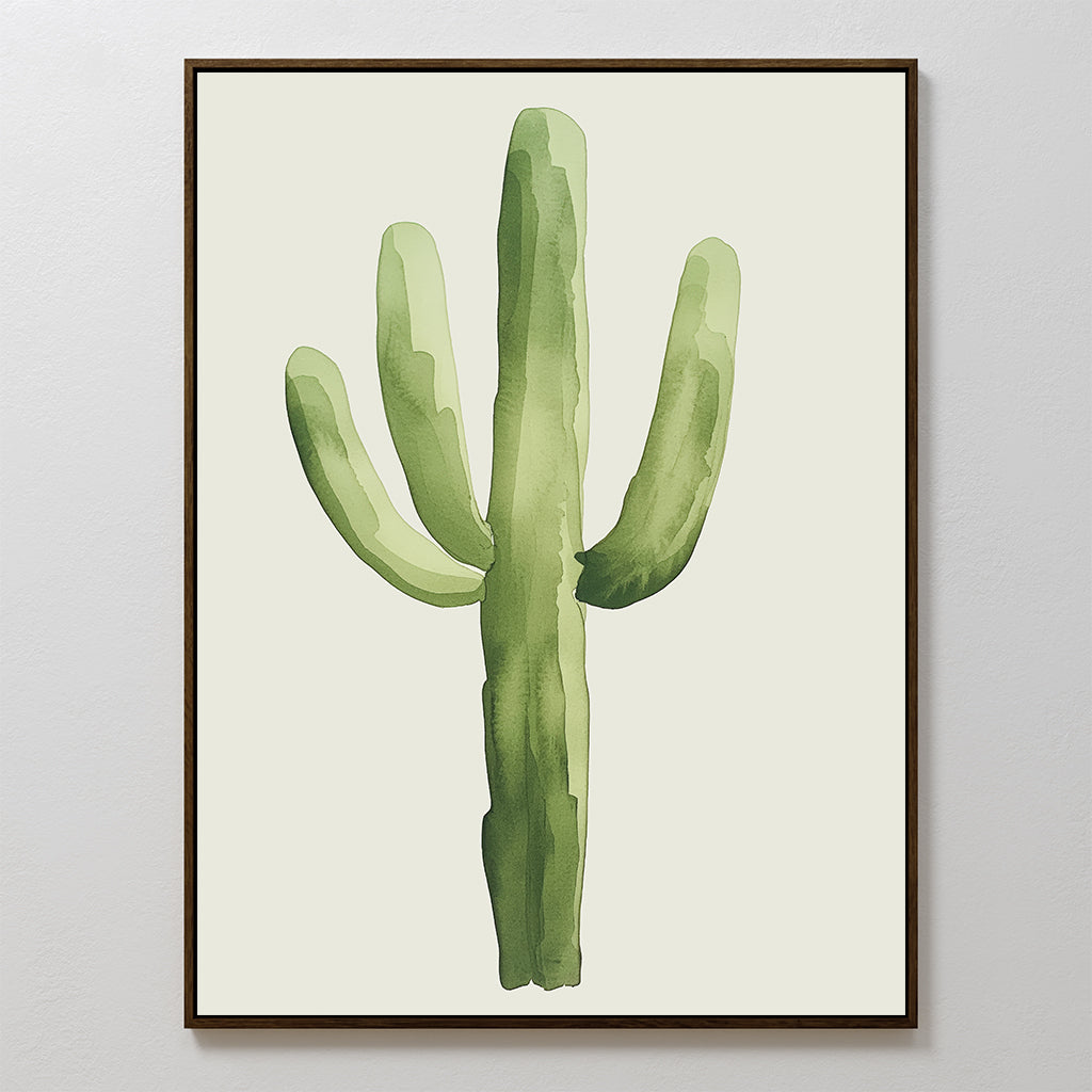 Desert Cactus Canvas Art features a minimalist watercolor cactus with three arms on an off-white background, framed in dark brown—a stylish botanical wall piece ideal for modern, minimalist decor.